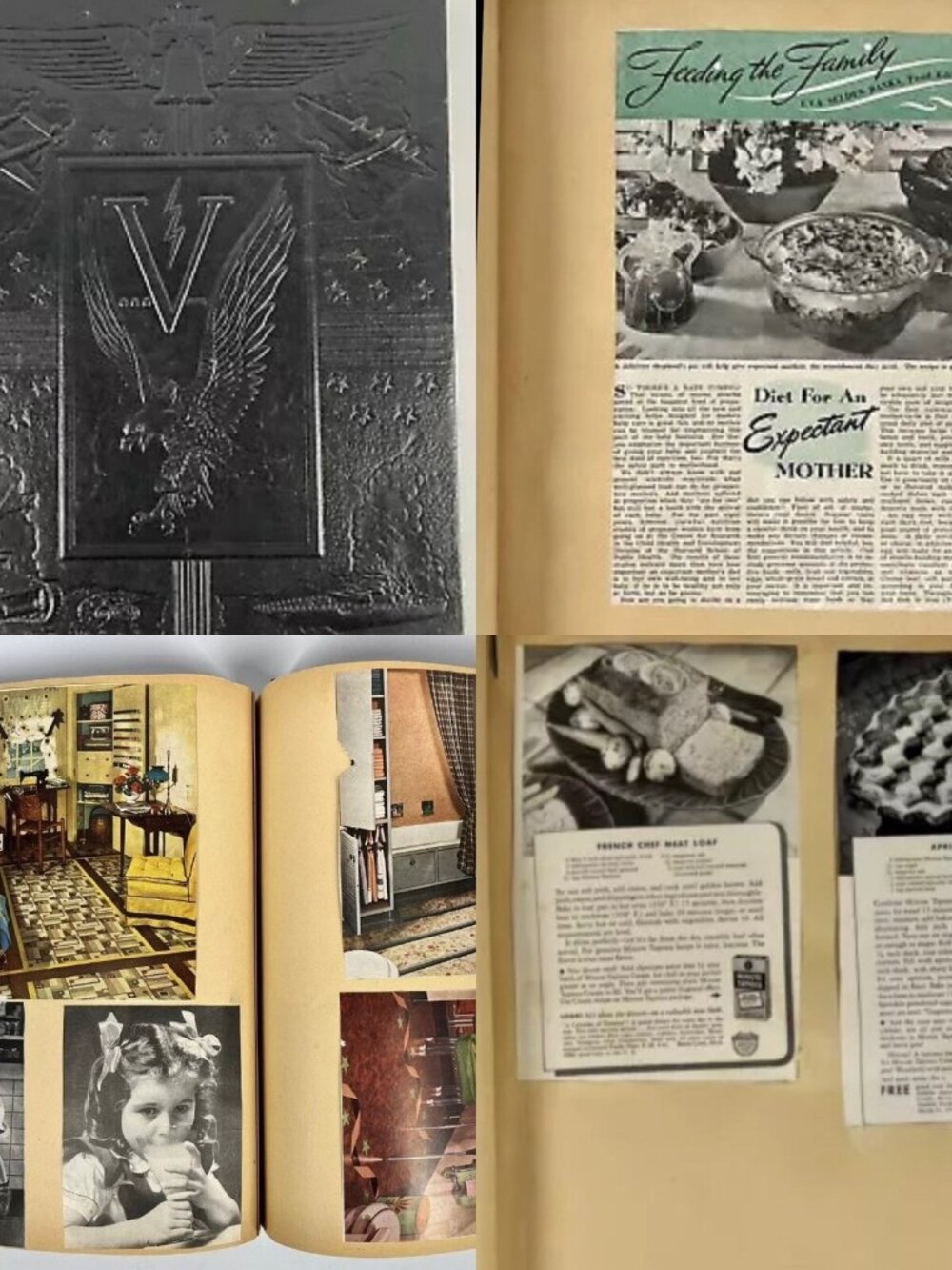 Vintage 40s Scrapbook Embossed Eagle Cover Magazine Recipe Clippings Pics